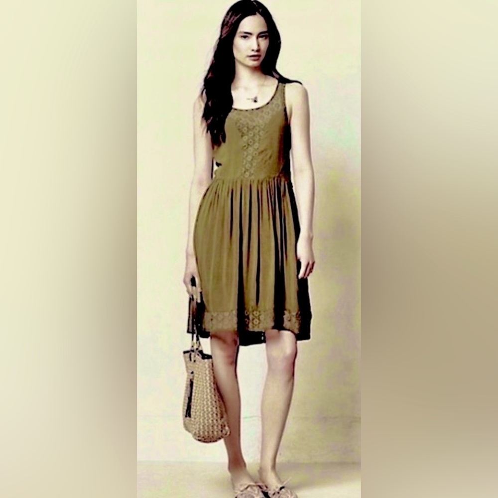 Anthropologie I Lilka Matepe Moss Green Crochet Lace Open Back Mini Dress ZB6